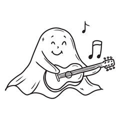 Hand drawn vector cute ghost is playing guitar singing with musical notes, in black isolated on white background. Sketch illustration in doodle engraved vintage line art style. Happy Halloween