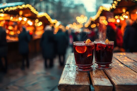 Traditional red mulled wine or gl&uuml;hwein in glasses on a christmas market