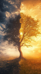 Dual-tone tree standing at the intersection of night and day, symbolizing balance in nature