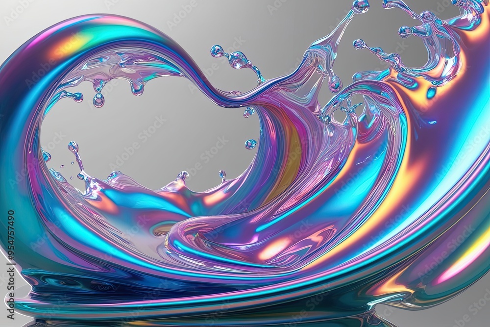 Poster iridescent fluid dynamics 3d visualization with abstract swirling splashes on transparent background