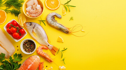 Fresh seafood, fish, and vegetables on a yellow background. Healthy eating concept with shrimp, salmon, and fresh produce for culinary and food photography.