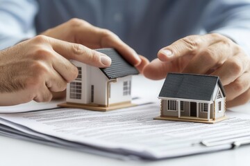 Hands pointing to a key section in a property insurance contract with a small house model beside   Detailed review, real estate insurance