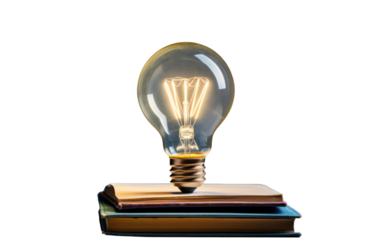 A light bulb emitting a soft glow beside a neatly stacked book, isolated on white background - Powered by Adobe