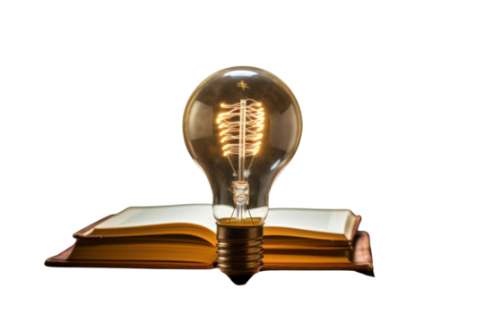 A light bulb emitting a soft glow beside a neatly stacked book, isolated on white background - Powered by Adobe