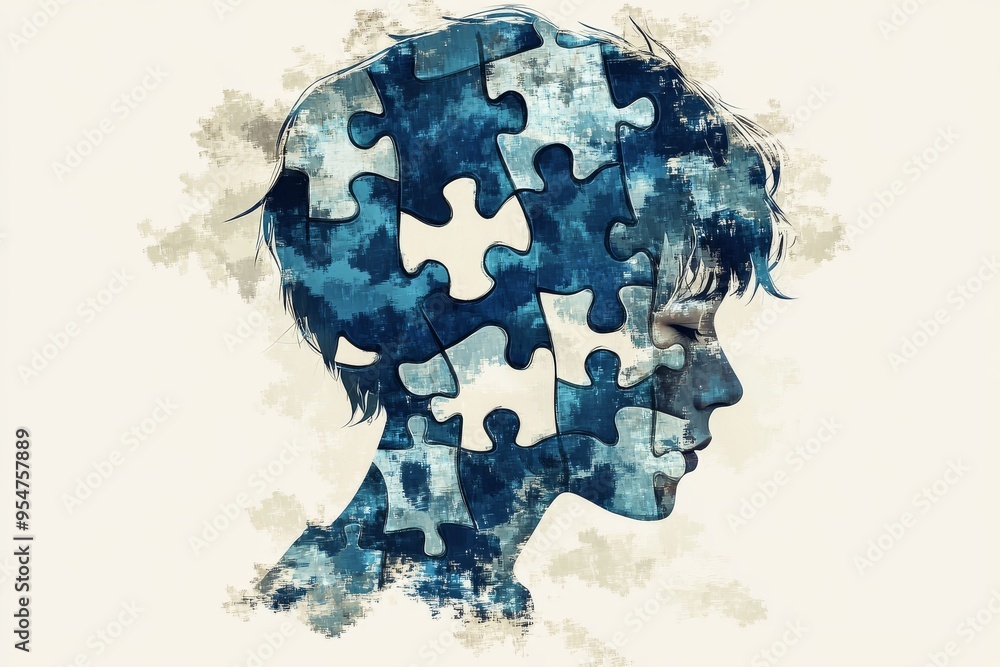 Poster cognitive behavioral therapy problem solving silhouette of a person dissolving into puzzle pieces sy