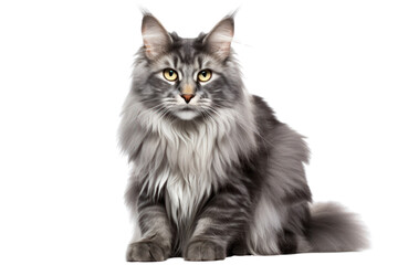 Obraz premium A fluffy gray cat with striking green eyes sitting gracefully on a white background