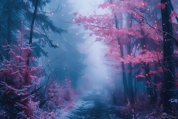 Enchanted Forest Path with Mist, Pink Leaves, and Magical Lighting