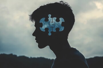 Consciousness Creativity Silhouette of a young person with a blue puzzle piece on their head symbolizing the process of self discovery and identity formation during adolescence