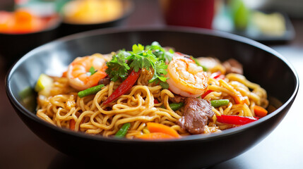 A black bowl of stir-fry noodles with vegetables and shrimp, featuring Japanese soba salad and Asian cuisine hot dishes like udon noodles and beef.