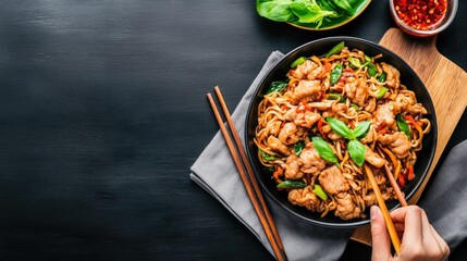 Enjoy a bowl of flavorful Chinese noodles on a sleek black table, complemented by chopsticks and a stylish gray napkin, perfect for any dining occasion