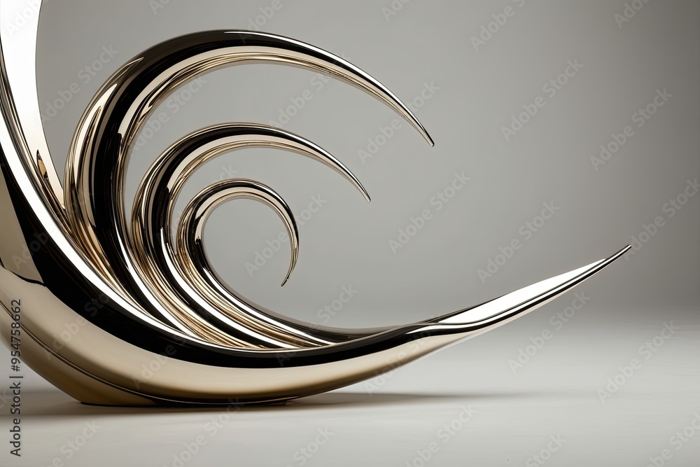 Poster three-dimensional metallic wave sculpture with flowing forms and glossy finish