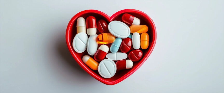 Top view of heart-shaped bowl filled with medicines on white backdrop, providing copy space image.  - Powered by Adobe