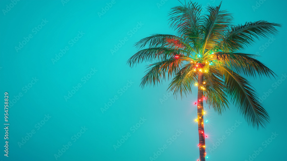 Wall mural tropical palm tree illuminated with festive lights under a turquoise sky