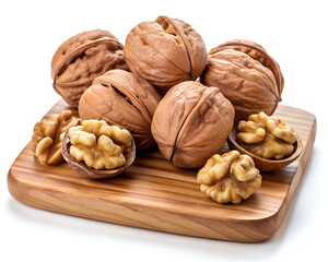 Walnuts open on a wooden board, isolated on white 