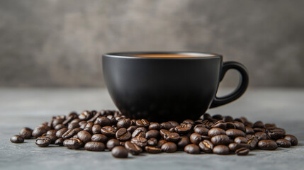 Fototapeta premium A black coffee cup with aromatic coffee beans on a gray background. 