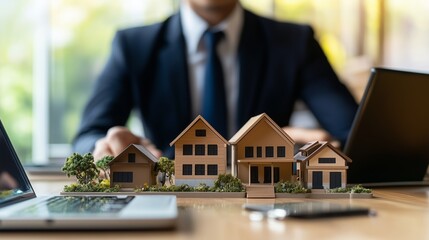 Real estate professional examining miniature houses on desk with laptops and vibrant background in a modern office setting