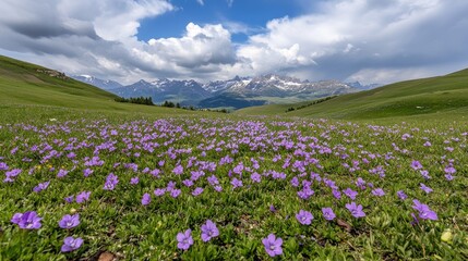 Vibrant bluebonnet and purple Alyssum flowers bloom in front of snow-capped peaks, creating a picturesque landscape against a bright blue sky in Grand Teton National Park