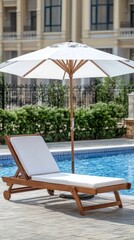 Fototapeta premium Sun loungers line the edge of a shimmering pool, featuring white umbrellas and a bright atmosphere on a sunny day
