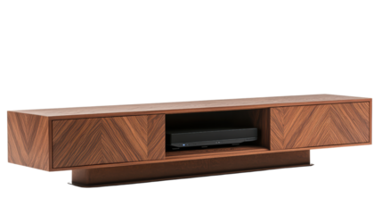 Modern TV stand with wooden cabinet and shelf isolated on transparent background 