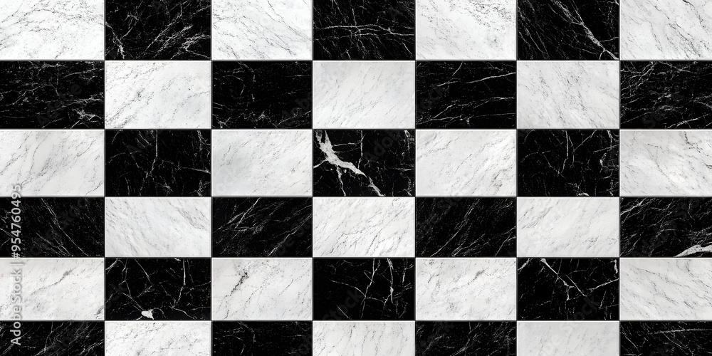 Wall mural seamless black and white checker or chess board marble tile background texture. kitchen or bathroom 