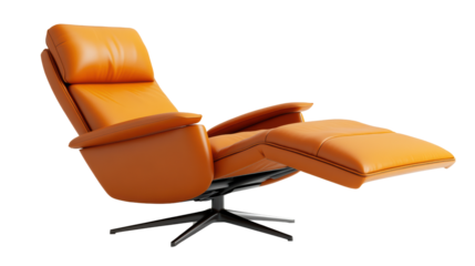 An orange leather recliner chair with a modern design, perfect for relaxation. The chair's inviting curves and plush cushioning promise comfort.  