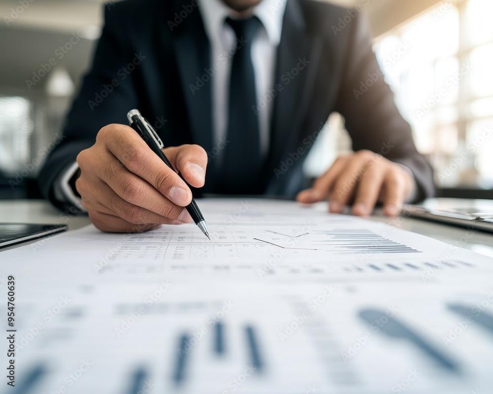 Poster professional man analyzing financial data with graphs and charts in a modern workspace.