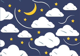 Night Sky Pattern: A whimsical and calming night sky pattern featuring white clouds, yellow stars, and a crescent moon on a dark blue background. Perfect for sleep-related projects, children's books, 