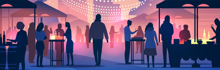 Night market scene with people silhouettes under string lights vibrant colors various stalls and activities cityscape background