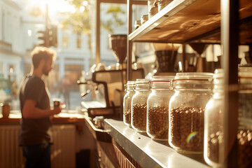 A man is standing in front of a counter with jars of coffee beans
