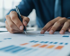 Close-up of a business professional analyzing financial graphs and charts while taking notes in a modern office setting.