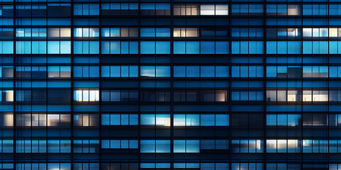 Seamless skyscraper facade with blue tinted windows and blinds at night. Modern abstract office building background texture with glowing lights against dark black exterior walls. 3D rendering..