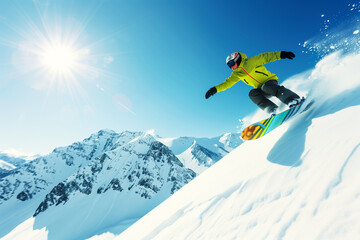 A snowboarder is riding down a mountain slope with a bright yellow jacket