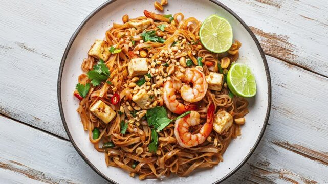 Delicious Pad Thai With Shrimp, Tofu, Peanuts, and Lime Wedges