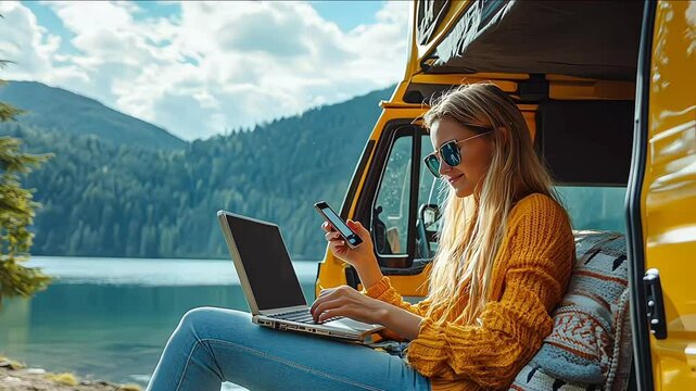 Young woman working outside with camper van. working on laptop at the beach and camping mountain, work while traveling. Freelance work