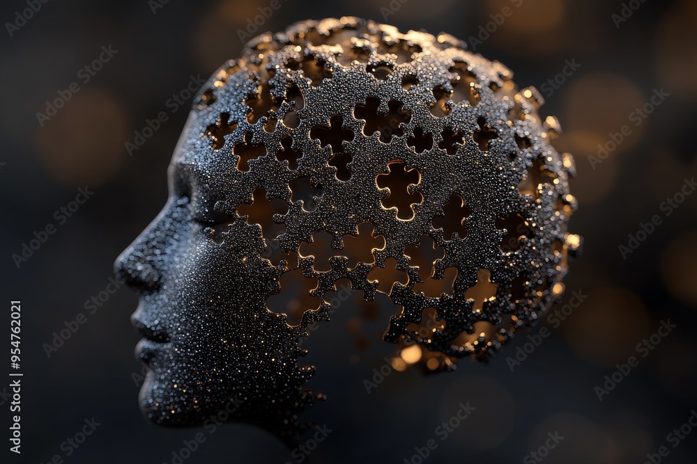 Poster neural networks creativity head made of dark puzzle pieces with glowing edges symbolizing the comple