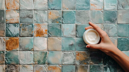 Woman's hands holdind a jar of moisturizing cream on pastel tiles background with copyspace. Skincare concept.