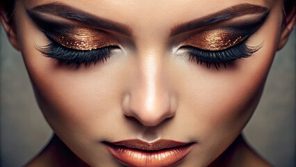 A photo image of lush, voluminous, and curved eyelashes framing a subject's eyelids, with a subtle shimmer and a dramatic impact on facial features.