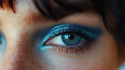 Obraz premium Close-up of striking blue eye makeup with shimmering details enhances the model's features in a well-lit setting