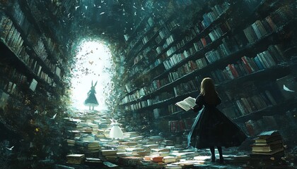 Generate an enchanting image of Alice from Wonderland and a white rabbit moving into a rabbit hole, with a path of books left behind