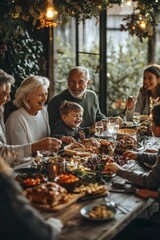A family is gathered around a large table with a variety of food and drinks