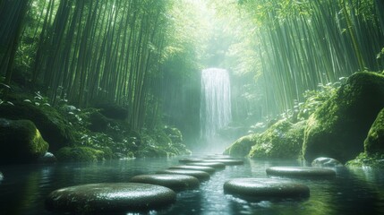 Obraz premium Tranquil Bamboo Forest Waterfall with Stone Path