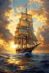 Obraz premium Sailing Ship at Sunset with Golden Clouds
