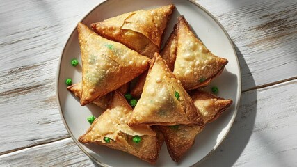 Crispy Samosas on a Plate with Green Peas Garnish