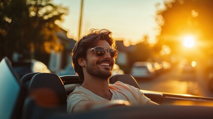 Man Smiling In A Convertible At Sunset