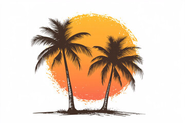 Artistic illustration of two palm trees in silhouette with an orange sun background creating a warm tropical scene