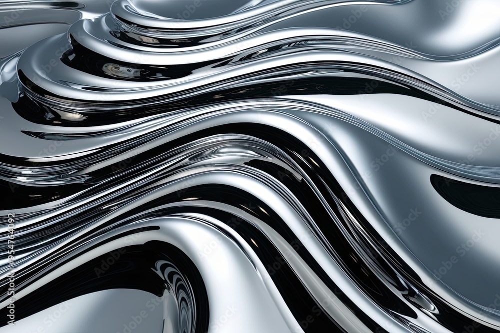 Poster three dimensional chrome wave with metallic shine and flowing structure