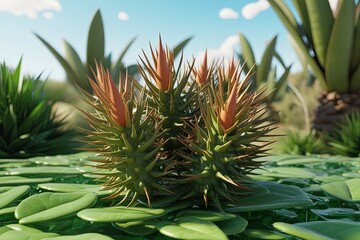 Fototapeta premium Stunning 3D Visualization of Thorny Banksia Spinulosa Leaf Cluster Against Lush Background