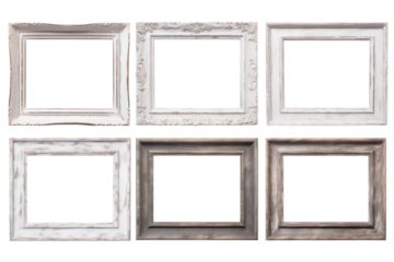 A pair of distressed wooden vintage frames with a shabby chic finish, isolated on white background