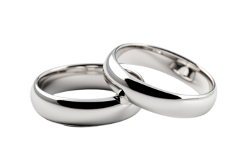 A pair of silver wedding rings with a polished finish, on a white background.