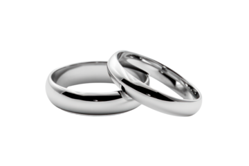 A pair of silver wedding rings with a polished finish, on a white background.